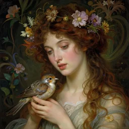 Beautiful Pre-Raphaelite goddess of nature holding a little bird, in the style of John William Godward, close-up portrait, head in focus, flowers and plants, etheric, moody, intricate, mystical,