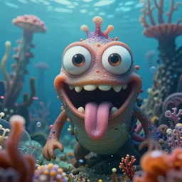 of an intricate deep sea with strange cute friendly happy creatures with huge eyes, long tongue, round teeth and goofy funny face, appearing from the background, in the style of gehry and gaudi, macro lens, shallow depth of field, ultra detailed, digital painting, trending artstation, concept art, illustration, cinematic lighting, photorealism, epic, octane render