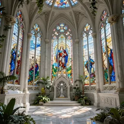 celestial gardens, stained glass windows, hanging gardens, gothic, neo - gothic, art nouveau, polished white marble, hyperdetailed ornate silvered medieval icon, daniel merriam, john stephens, concept art, aetherpunk, unreal engine, detailed intricate environment, octane render, godrays, ultrasharp, whimsical, ethereal