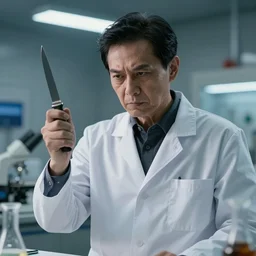 an evil chemist in a white coat with a knife