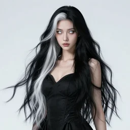 a lost female mage, sci - fi fantasy dress, white eyes, long wild black and white hair, detailed perfect face, psychic magic, mid view, design on a white background, by studio muti, greg rutkowski makoto shinkai takashi takeuchi artgerm, realistic 3 d render, high ocane render, dramatic light