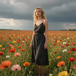 a beautiful woman standing next to a field of poppies, dutch, blonde, tall, pretty, atmospheric, epic composition, trending on artstation, octane render