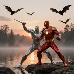 Marvel Comics Human Torch Battles Marvel Comics The Silver Surfer In A Misty Lake, bats, sunset, volumetric lighting, hyperrealistic, beautiful details, HDR, octane render, action shot, wide angle, bokeh, Yasushi Niarasawa Moebius Jim Steranko Style