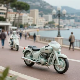 beautiful hyperrealism three point perspective film still of a monaco oceanfront promenade with ( 1 9 7 0 s ) zaha hadid designed motorcycle scene in ronin meets kagemusha ( 1 9 9 0 ) extreme closeup still life portrait in style of frontiers in translucent porcelain miniature street photography fashion edition, tilt shift style scene background, soft lighting, kodak portra 4 0 0, cinematic style, telephoto by emmanuel lubezki