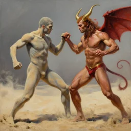 the hyper - realistic painting of tom sturridge as sandman fighting against lucifer