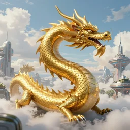 golden eastern dragon in sky, futuristic alien city, cloudy, unreal 5 render, studio ghibli, tim hildebrandt, digital art, octane render, beautiful composition, trending on artstation, award - winning photograph, masterpiece