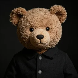 a ( ( chiaroscuro lighting portrait ) ) of kanye west dressed as teddy bear mascot, ( ( black background ) ), portrait by julia margaret cameron, shallow depth of field, 8 0 mm, f 1. 8