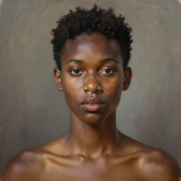 A portrait of a thin trendy and gorgeous non-binary person, dark black skin tone, oil painting, majestic, detailed, high resolution
