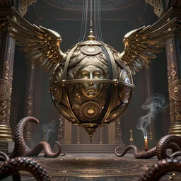 an immaculate render of a complex metallic sphere spawning cables and bird wings, floating in a temple surrounded by wild tentacles made from mandalas and incense smoke, full body, perfect face, powerful, cinematic, beautifully lit, by artgerm, by alphonse mucha, by karol bak, 3 d, trending on artstation, octane render, 8 k