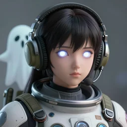 Portrait of an Akira anime girl wearing military communication ear headphones, burning white eyes, space pirate, spacesuit ghost in the shell, extreme details, soft lighting, realistic octane render, 8k