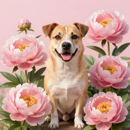 Fu dog with peonies, digital art, 8k, trending on artstation