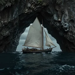 ultra realistic color photo of a 1 9 2 5 seiner sailing with the jamaican shoreline with the mouth of a sea cave at the waterline, dark, painted, brooding, atmospheric, seascape, lovecraft, horror, smooth, epic, highly detailed, cinematic, annie lebowitz