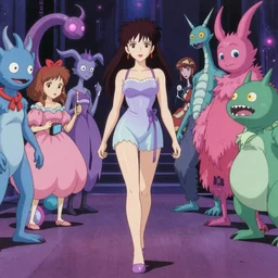 an anime film by miyazaki of studio ghibli, of a pastel goth neon rainbow vampire woman learning how to walk in a runway full of weird spirit creatures, old vintage vhs, scan lines, grainy quality, real anime