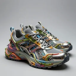 futuristic sneakers made of vines, liquid metal, human parts, biomorphic, robot, colorful, highly detailed, hyper realistic,