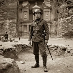 ultra detailed photorealistic sepia - toned photograph from 1 9 1 7, a british officer in field gear standing at an archaeological dig site near petra jordan, ultra realistic, painted, intricate details, lovecraft, atmospheric, dark, horror, brooding, highly detailed, by angus mcbride