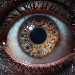 closeup of a eyeball with many pupils by h. r. giger