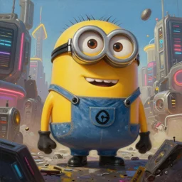 an epic painting of giant yellow minion, destroying cyberpunk megapolis, oil on canvas, perfect composition, golden ratio, beautiful detailed, photorealistic, digital painting, concept art, smooth, sharp focus, illustration, neon lights, cyberpunk 2 0 7 7, artstation trending, octane render, unreal engine
