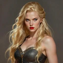 artistic portrait of a confident and severe looking northern blond valkyrie with beautiful blue eyes and red lips, perfect fit body, extremely long hair, art by artgerm and greg rutkowski and magali villeneuve, highly detailed, digital painting, trending on artstation, concept art, sharp focus, illustration, masterpiece