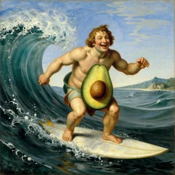 classic renaissance oil painting by michelangelo of laughing happy smiling avocados standing on one same surfboard in the middle of the ocean on a wave