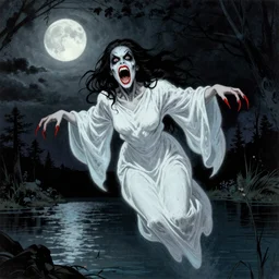 style of Norman Rockwell and Rafael Albuquerque comic book art:: ghastly full face woman, scary horrible witch look on face, screaming angry:: extremely long nails, red:: female ghost with white dress:: floating over a lake:: night time, dark, full moon::2 scary terrifying horror::