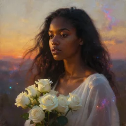 oil painting close up portrait of a contemplative young black woman with long flowing hair in a white dress, with white roses, surrounded by colorful nebula stardust galaxies at sunset, hazy, digital art, chiaroscuro, artstation, cinematic, golden hour, concept art, digital art painting by greg rutkowski, william - adolphe bouguereau, hazy atmosphere, cinematic lighting, flowers