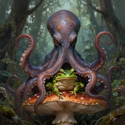 cthulhu octopus frog sitting on mushroom, highly detailed, forest, digital painting, concept art, sharp focus, illustration, masterpiece, matte painting, glorious, unsettling, by lovecraft and greg rutkowski, luis royo and wayne barlowe, artstation