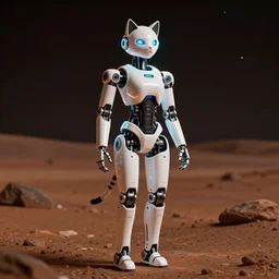 high quality presentation noght photo of an illuminated cat-like female robot on mars, photography 4k, full body, f1.8 anamorphic, bokeh, 4k, Canon, Nikon