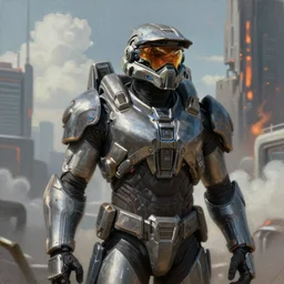ultra realist and ultra intricate detailed soft painting of a sci-fi armored male, from the waist up, sci-fi helmet, mass effect style, volumetric clouds, cyberpunk burning building background, artstation, unreal render, depth of field