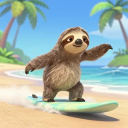 disney pixar animation of a sloth riding a surfboard in tropical background waves palm trees, sandy beach