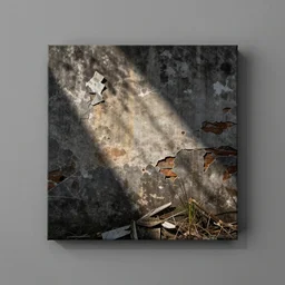 a photo of square canvas mounted on a grey wall, grunge, messy, ruined