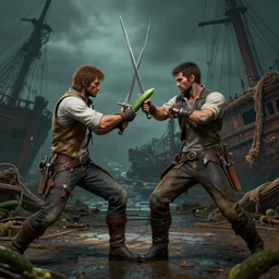 hyperrealistic film still of rafe from uncharted 4 fighting swordfighting using a cucumber, shipwreck background, eccentric, stunning 3 d render, inspired by istvan sandorfi & greg rutkowski & unreal engine, perfect symmetry, dim volumetric cinematic lighting, 8 k octane comprehensive render, intricate, real flesh texture, masterpiece, artstation, stunning