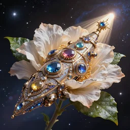 space ship organic, flower, leaf, cosmic, highly detailed ornate with jewels and precious metals futuristic, sandman kingdom, kingdom of dreams, space ships, hiperrealistc, global illumination, radiant light, stellar background, by moebius