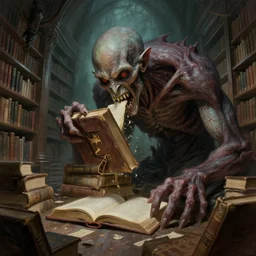 giant lovecraftian monster devouring a books inside a library, lovecraftian horror, digital painting, artgerm and greg rutkowski and alphonse mucha