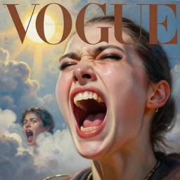 3 d, close - up, screaming fashion model face, sun, cinematic, clouds, vogue cover style, dystopian art, poster art, futuristic, fantasy artrealistic painting, intricate oil painting, high detail illustration, by beeple and james jean and david diao