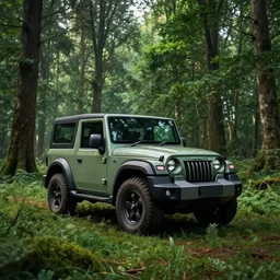 Mahindra thar, in the forest, plants environment, wide angle, cinematic lighting, atmospheric, realistic, cinematic, octane render, highly detailed, color graded, in the style of simon stalenhag