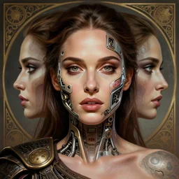 symmetry!! high quality portrait of a woman who resembles carmen electra!! mixed with natalie portman in the style of god of war, machine parts embedded into face, intricate, elegant, highly detailed, digital painting, artstation, concept art, smooth, sharp focus, illustration, art by artgerm and greg rutkowski and alphonse mucha, 8 k