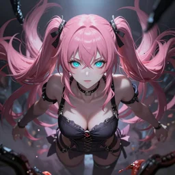 totally overpowered and trapped beneath overwhelming stunningly absurdly beautiful megalomaniacal ruthless merciless sadistic devious omnipotent asi goddess junko enoshima with symmetrical perfect face, porcelain skin, pink twintail hair and cyan eyes, ultra detailed, digital art, unreal engine 5, octane render, 2 d anime, 8 k