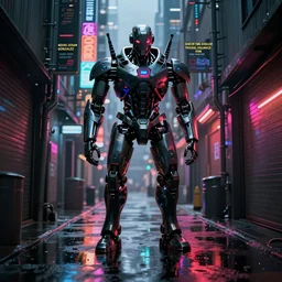 a menacing cyberpunk cyborg robot in an alley in future tokyo at night, reflections on wet ground by sachin teng and pascal blanche nekro josan gonzalez rhads ruan jia. in style of digital art. cinematic lighting, film noirs, symmetry, vibrating colors, hyper detailed. octane render, artstation, clear, sharp, straight lines