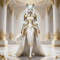 commissioned full body portrait of a female anthro furry wolf-headed princess fursona with white hair wearing a white and gold chinese armored dress in a white and gold palace, by Wlop and jerry park, artstation, extremely detailed
