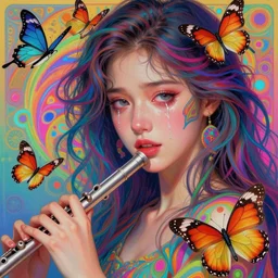 beautiful, young woman, detailed gorgeous face, sad eyes, crying, vaporwave aesthetic, synthwave, colorful, psychedelic, holding a flute, butterflies, birds, digital painting, artstation, concept art, smooth, extremely sharp detail, finely tuned detail, ultra high definition, ultra sharp focus, illustration, art by artgerm and greg rutkowski and alphonse mucha