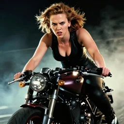 angry scarlett johansson riding motorbike, katsuhiro otomo, dramatic lighting,