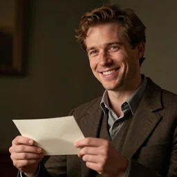 a photograph of a smiling man giving a letter to his exact copy