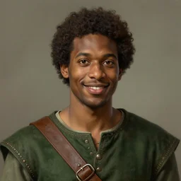 medium-length portrait of a male bard with short curly hair and brown eyes, dark brown skin, happy expression, wears a combination of dark green tunic and boiled leather, medieval setting, highly detailed, digital painting, artstation, concept art, sharp focus, illustration, art by greg rutkowski and alphonse mucha