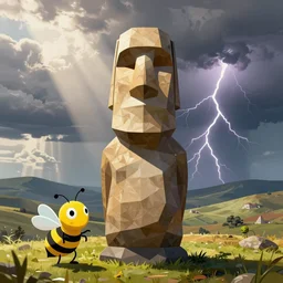 moai statue geometric cutout digital illustration cartoon colorful beeple, by thomas kinkade clean sunshine rays thunderstorm