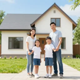 happy family near new house. real estate.