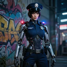 photo portrait of a menacing female japanese cyborg police, future tokyo, police lights, high detail, intricate detail, golden ratio, cinematic lighting, ghost in the shell, night, by sachin teng and sergey kolesov and ruan jia and heng z and wlop. graffiti art, scifi, fantasy, hyper detailed. octane render. concept art. trending on artstation