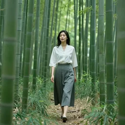 beautiful japanese woman walking through a bamboo forest, greg rutkowski, drab greens