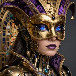 awardwinning half shot photo of a beautiful female steampunk half cyborg with a detailed spendid venician mask, artwork by james jean, hyperdetailed realistic gold and purple metallic, the eyes glow blue, jean delville, art nouveau, gustav klimt, ornate copper patina gothic icon, james jean, ultrasharp hyperdetailed photorealistic octane render