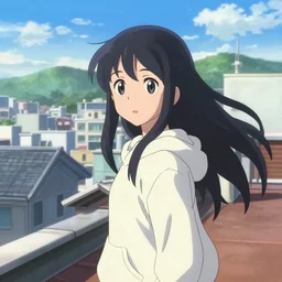 anime film visual of a long black haired girl wearing hoodie sightseeing bright future seoul, standing on rooftop, cute face by ilya kuvshinov, makoto shinkai, kyoto animation, dynamic perspective and pose, detailed eyes, less nose, crisp and sharp cel shade