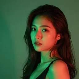 photograph of a portrait of beautiful woman ,night , illuminated by green and red colored LED lights, 85 mm f1.4
